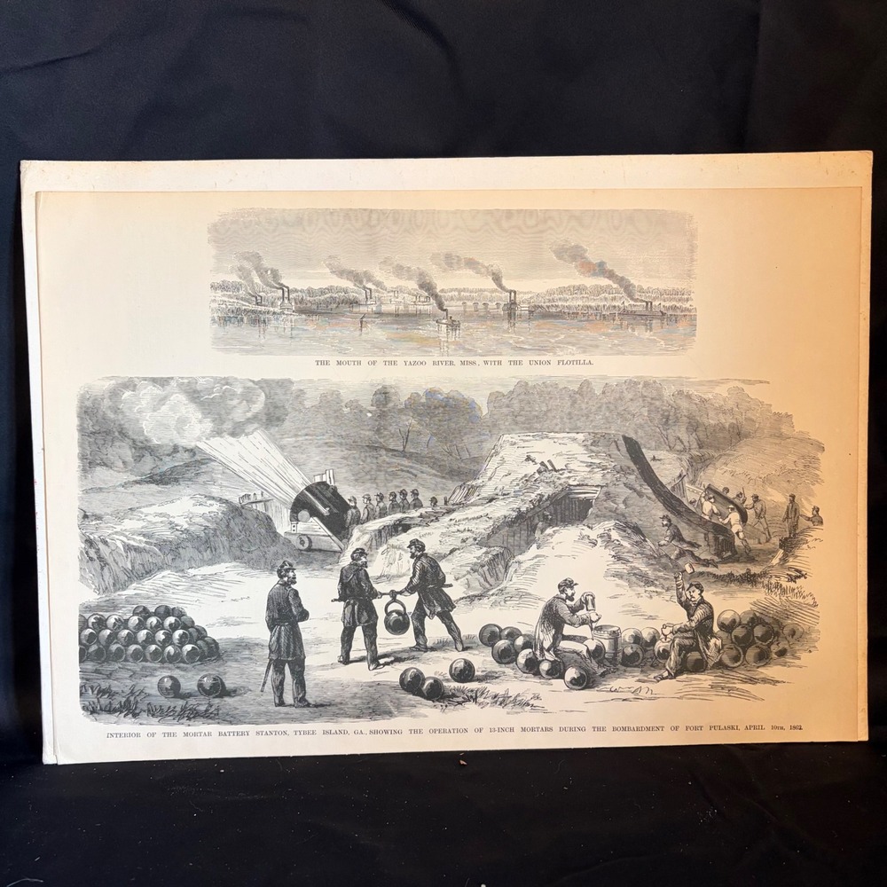 Antique Civil War Print Yazoo River Union Flotilla Fort Pulaski Gen Hooker Bio